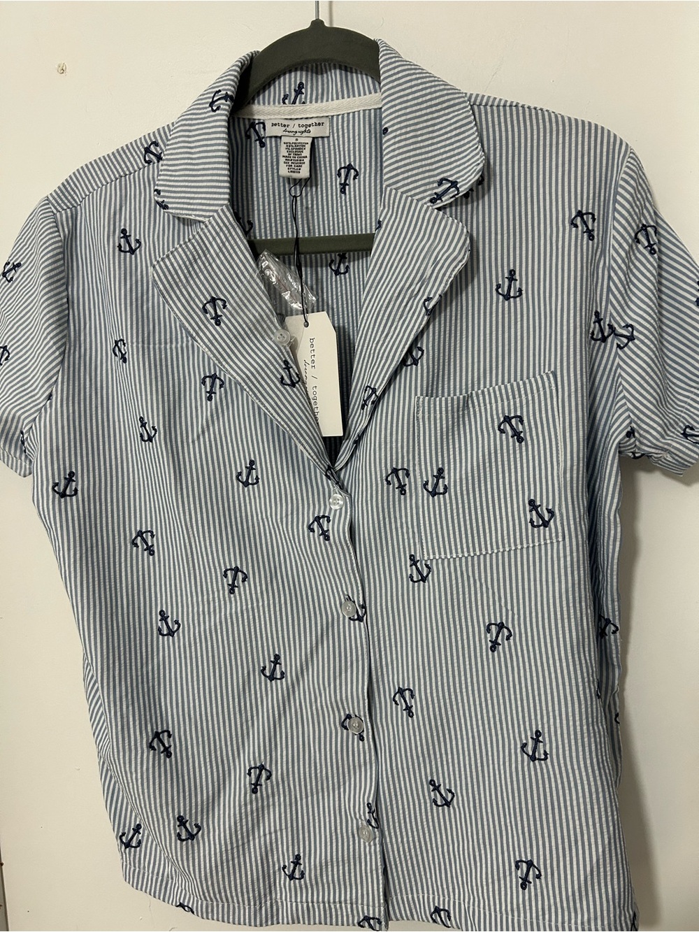Striped Anchor-Print Button-Up Blouse in Light Blue - Women's